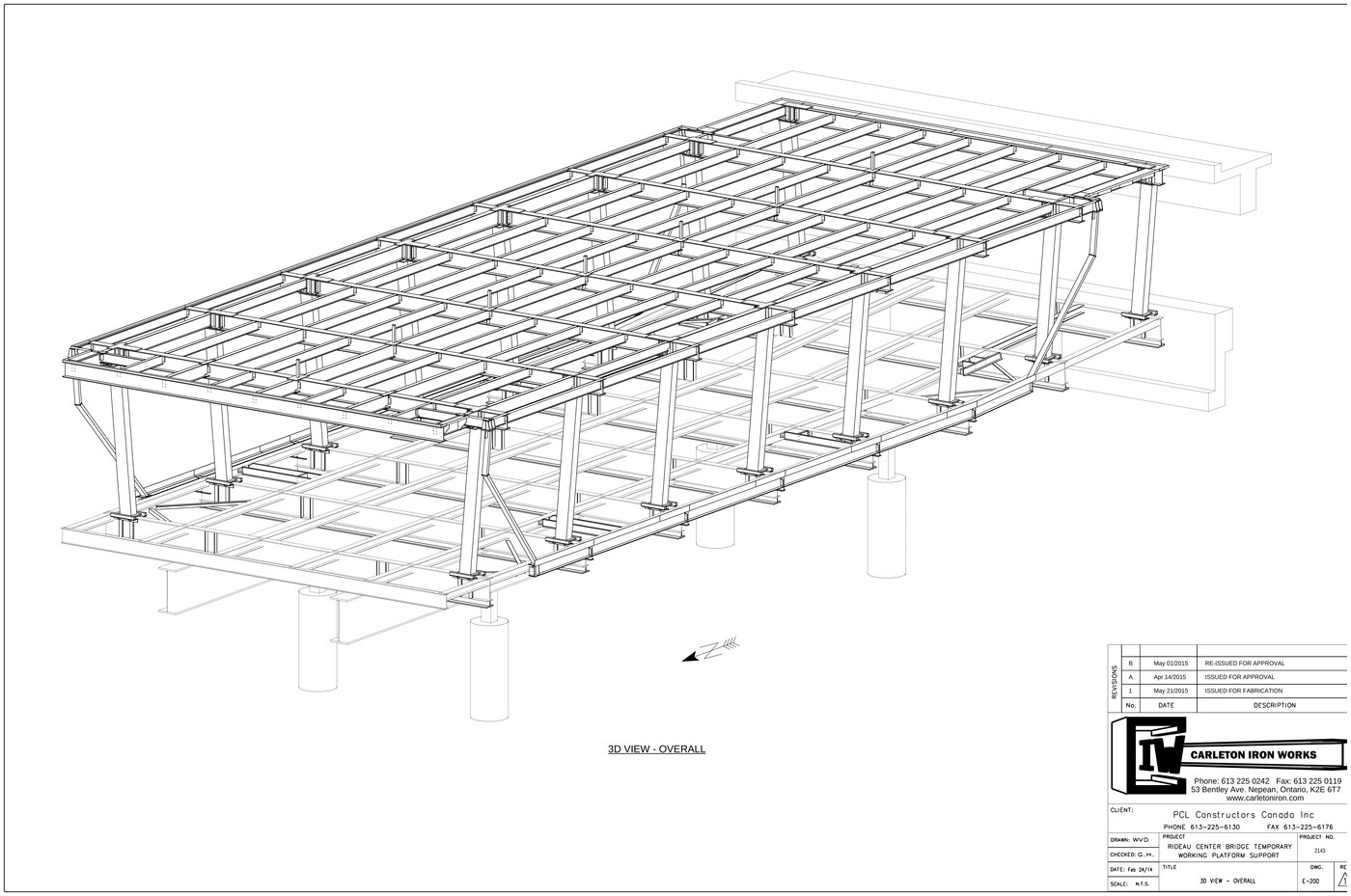 3D Tekla model view of Rideau Centre Bridge temporary working platform support